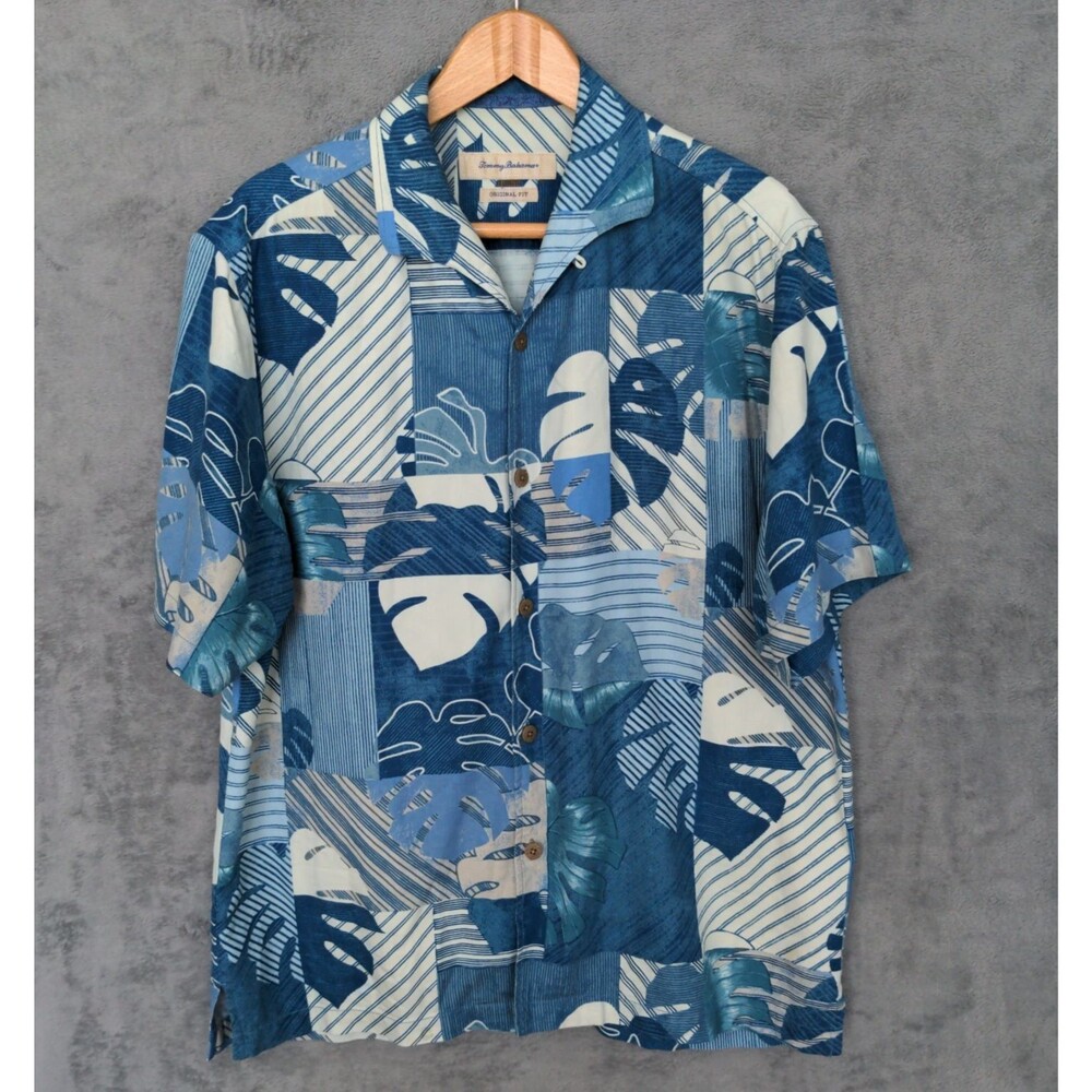 Tommy Bahama 100% Silk Hawaiian Camp Shirt Men M Blue Tropical Leaf Loop Collar